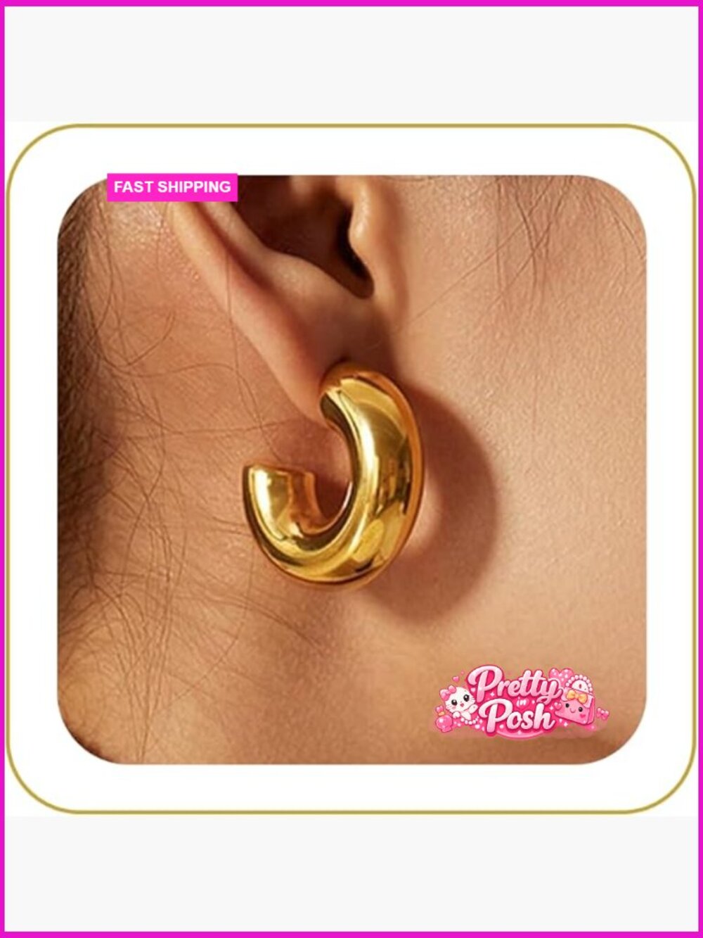 Chunky Hoop Earrings - 14K Gold Plated Hypoallergenic Lightweight